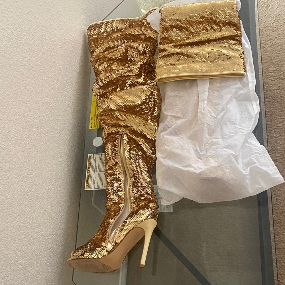 Shimmering Gold Sequin Heeled Boots